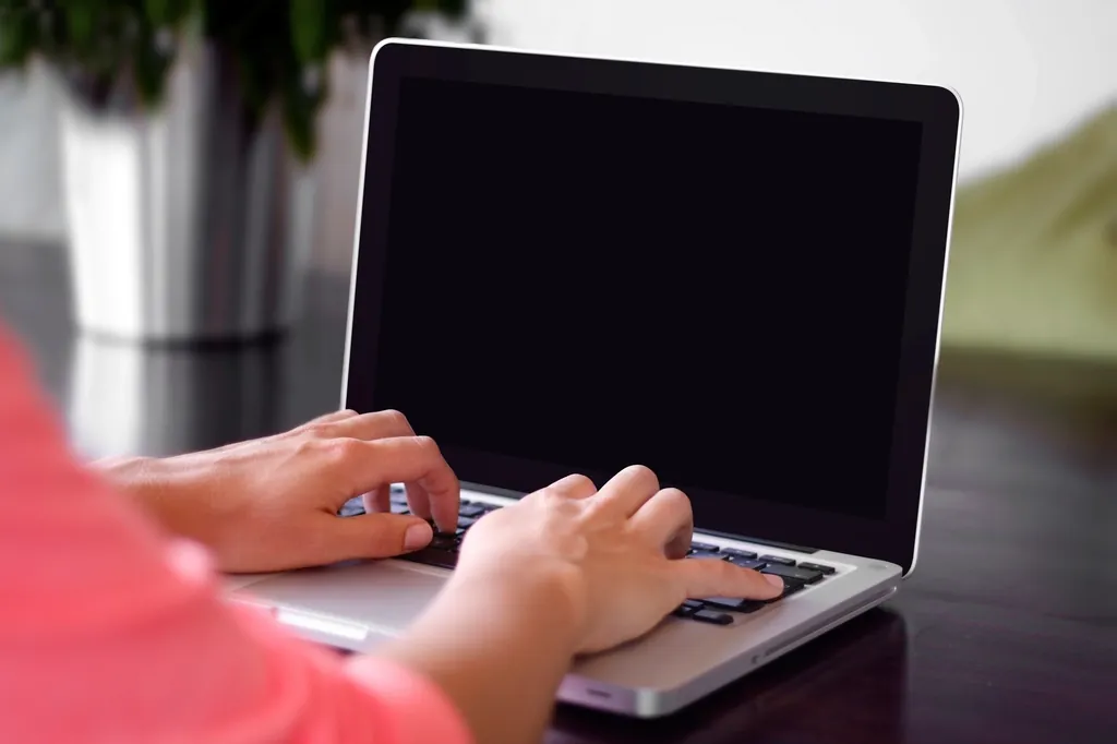 Hands typing on a laptop while writing page titles and meta descriptions